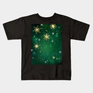 Gold Snowflakes on a Green Background Kids T-Shirt